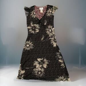 Floral Maxi Dress Womens 7-8 Black Chiffon Over Floral V-neck Flutter/SLV Long
